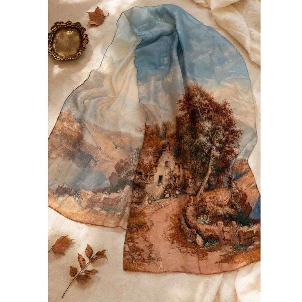 Vintage 100% Silk Scarf Italy Cottage Landscape Oil Painting Print Blue Brown yy